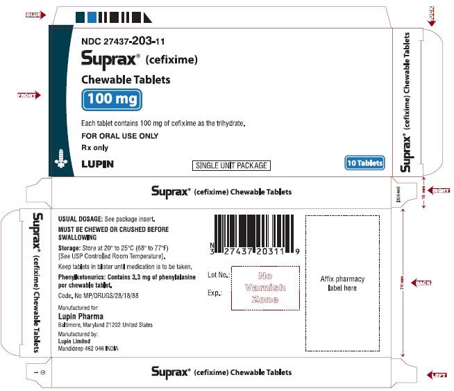 SUPRAX CEFIXIME CHEWABLE TABLETS
100 mg
Rx only
							NDC: <a href=/NDC/27437-203-11>27437-203-11</a>: Unit Dose Package of 10 (1 blister of 10 tablets)