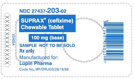 SUPRAX CEFIXIME CHEWABLE TABLETS
100 mg
Rx only
							NDC: <a href=/NDC/27437-203-02>27437-203-02</a>: Unit Dose Package of 1 (1 Blister of 1 Tablet)