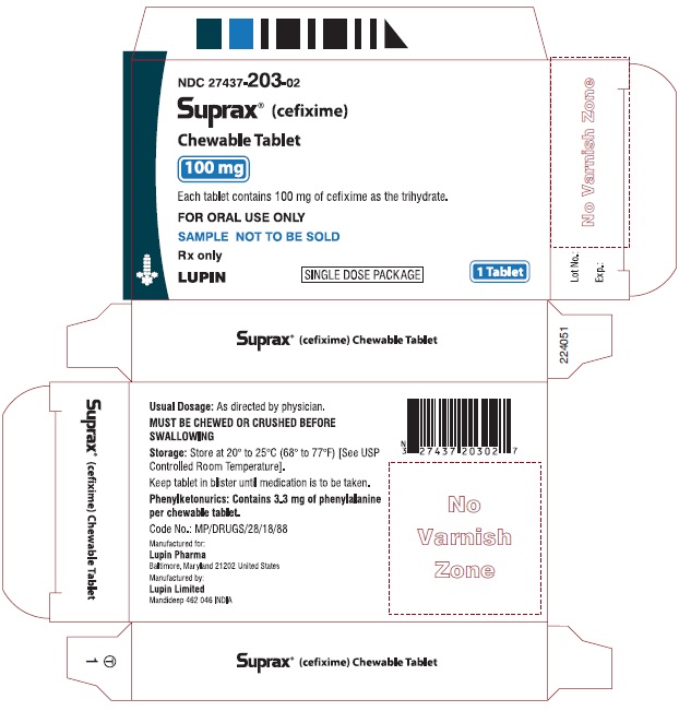 SUPRAX CEFIXIME CHEWABLE TABLETS
100 mg
Rx only
							NDC: <a href=/NDC/27437-203-02>27437-203-02</a>: Unit Dose Package of 1 (1 Blister of 1 Tablet)