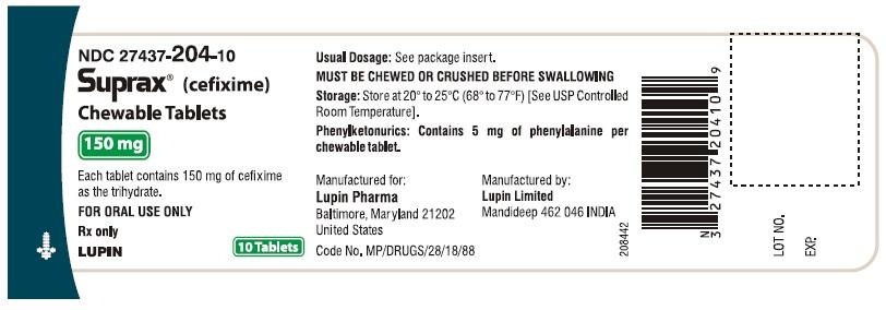 SUPRAX CEFIXIME CHEWABLE TABLETS
150 mg
Rx only
							NDC: <a href=/NDC/27437-204-10>27437-204-10</a>: Bottle of 10 tablets