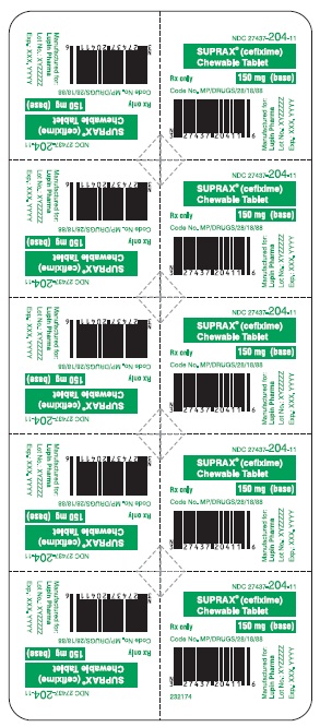 SUPRAX CEFIXIME CHEWABLE TABLETS
150 mg
Rx only
							NDC: <a href=/NDC/27437-204-11>27437-204-11</a>: Unit Dose Package of 10 (1 blister of 10 tablets)