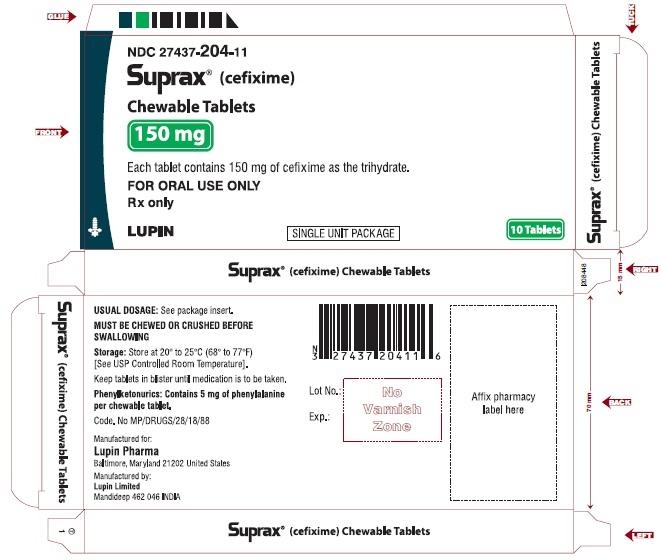 SUPRAX CEFIXIME CHEWABLE TABLETS
150 mg
Rx only
							NDC: <a href=/NDC/27437-204-11>27437-204-11</a>: Unit Dose Package of 10 (1 blister of 10 tablets)