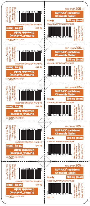 SUPRAX CEFIXIME CHEWABLE TABLETS
200 mg
Rx only
							NDC: <a href=/NDC/27437-205-11>27437-205-11</a>: Unit Dose Package of 10 (1 blister of 10 tablets)