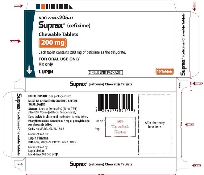 SUPRAX CEFIXIME CHEWABLE TABLETS
200 mg
Rx only
							NDC: <a href=/NDC/27437-205-11>27437-205-11</a>: Unit Dose Package of 10 (1 blister of 10 tablets)