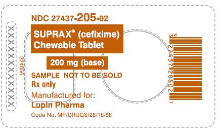 SUPRAX CEFIXIME CHEWABLE TABLETS
200 mg
Rx only
							NDC: <a href=/NDC/27437-205-02>27437-205-02</a>: Single Dose Package (Blister of 1 Tablet)