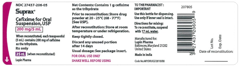 SUPRAX CEFIXIME FOR ORAL SUSPENSION USP
200 mg/5 mL
Rx only
							NDC: <a href=/NDC/27437-206-05>27437-206-05</a>: Bottle of 25 mL