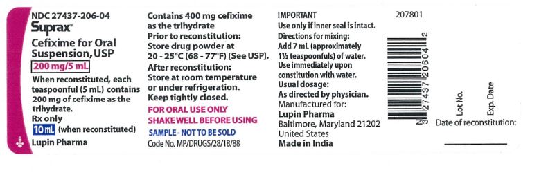 SUPRAX CEFIXIME FOR ORAL SUSPENSION USP
200 mg/5 mL
Rx only
							NDC: <a href=/NDC/27437-206-04>27437-206-04</a>: Bottle of 10 mL [Physician Sample Pack]