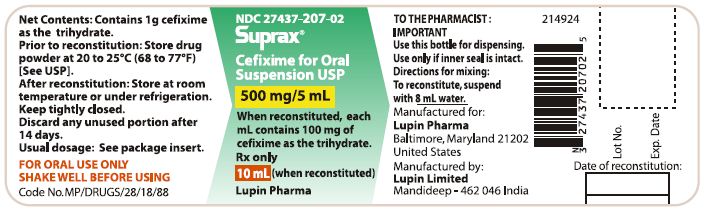 SUPRAX CEFIXIME FOR ORAL SUSPENSION USP
500 mg/5 mL
Rx only
							NDC: <a href=/NDC/27437-207-02>27437-207-02</a>: Bottle of 10 mL