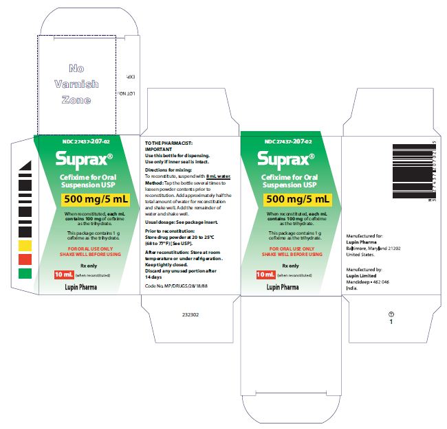 SUPRAX CEFIXIME FOR ORAL SUSPENSION USP
500 mg/5 mL
Rx only
							NDC: <a href=/NDC/27437-207-02>27437-207-02</a>: Bottle of 10 mL