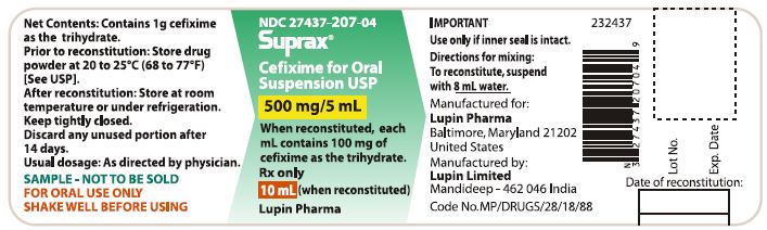 SUPRAX CEFIXIME FOR ORAL SUSPENSION USP
500 mg/5 mL
Rx only
							NDC: <a href=/NDC/27437-207-04>27437-207-04</a>: Bottle of 10 mL [Physician Sample Pack]