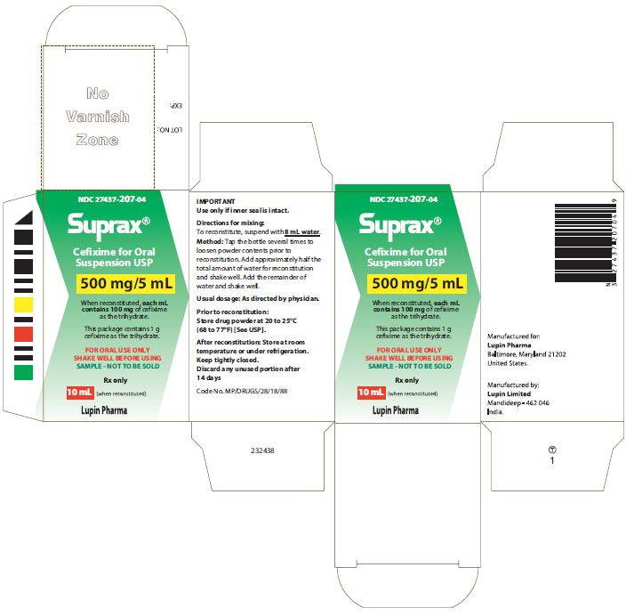 SUPRAX CEFIXIME FOR ORAL SUSPENSION USP
500 mg/5 mL
Rx only
							NDC: <a href=/NDC/27437-207-04>27437-207-04</a>: Carton for 10 mL [Physician Sample Pack]