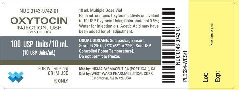 NDC: <a href=/NDC/0143-9742-01>0143-9742-01</a> OXYTOCIN INJECTION, USP (SYNTHETIC) 100 USP Units/10 mL (10 USP Units/mL) FOR IV (INFUSION) OR IM USE Rx ONLY 10 mL Multiple Dose Vial Each mL contains Oxytocin activity equivalent to 10 USP Oxytocin Units; Chlorobutanol 0.5%; Water for Injection q.s. Acetic Acid may have been added for pH adjustment. USUAL DOSAGE: See package insert. Store at 20º to 25ºC (68º to 77ºF) [See USP Controlled Room Temperature]. Do not permit to freeze.