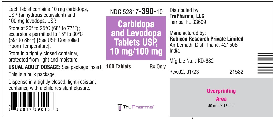 Carbidopa and Levodopa Tablets, USP 10 mg/100 mg - NDC: <a href=/NDC/52817-390-10>52817-390-10</a> - 100 Tablets Bottle