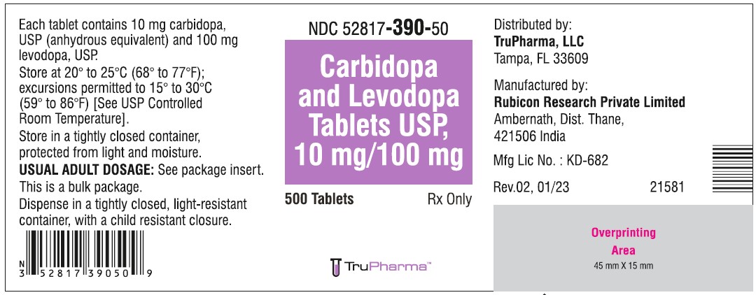 Carbidopa and Levodopa Tablets, USP 10 mg/100 mg - NDC: <a href=/NDC/52817-390-50>52817-390-50</a>0 - 500 Tablets Bottle