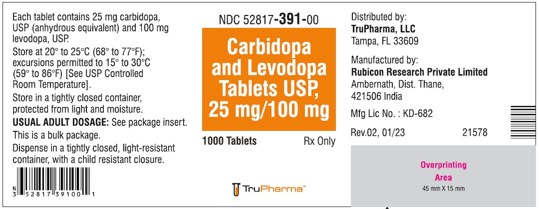 Carbidopa and Levodopa Tablets, USP 25 mg/100 mg - NDC: <a href=/NDC/52817-391-00>52817-391-00</a>  - 1000 Tablets Bottle