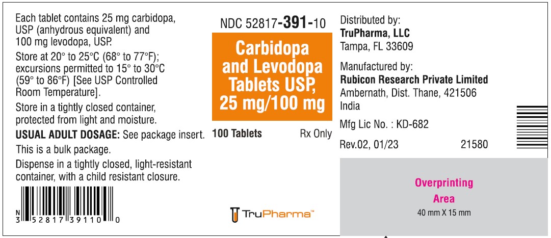 Carbidopa and Levodopa Tablets, USP 25 mg/100 mg - NDC: <a href=/NDC/52817-391-10>52817-391-10</a> - 100 Tablets Bottle