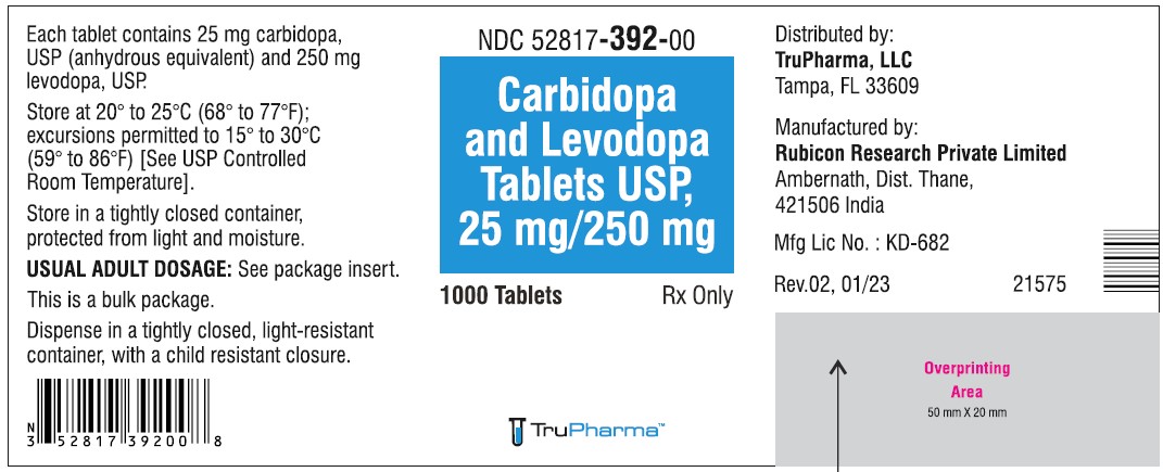 Carbidopa and Levodopa Tablets, USP 25 mg/250 mg - NDC: <a href=/NDC/52817-392-00>52817-392-00</a> - 1000 Tablets Bottle