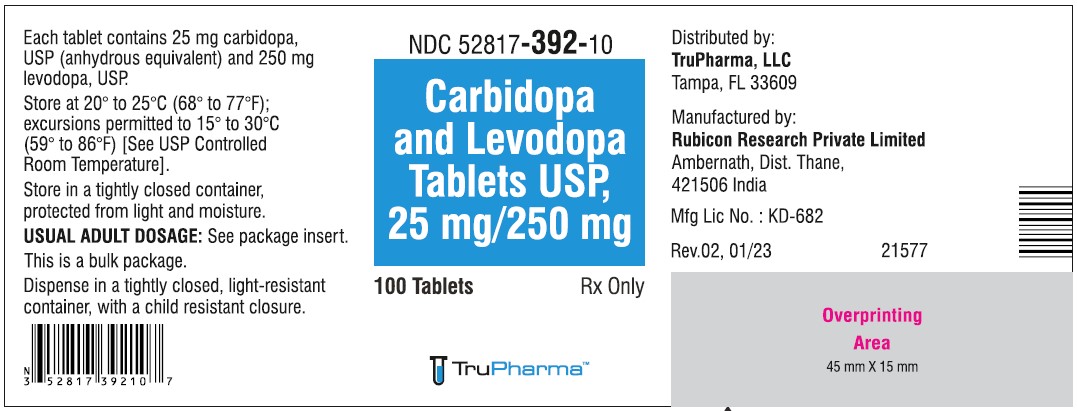 Carbidopa and Levodopa Tablets, USP 25 mg/250 mg - NDC: <a href=/NDC/52817-392-10>52817-392-10</a>  - 100 Tablets Bottle