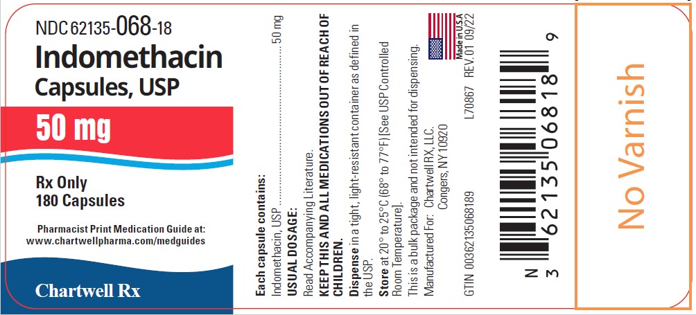 Indomethacin Capsules, USP 50 mg  - NDC: <a href=/NDC/62135-068-18>62135-068-18</a> - 180 Capsules Label
