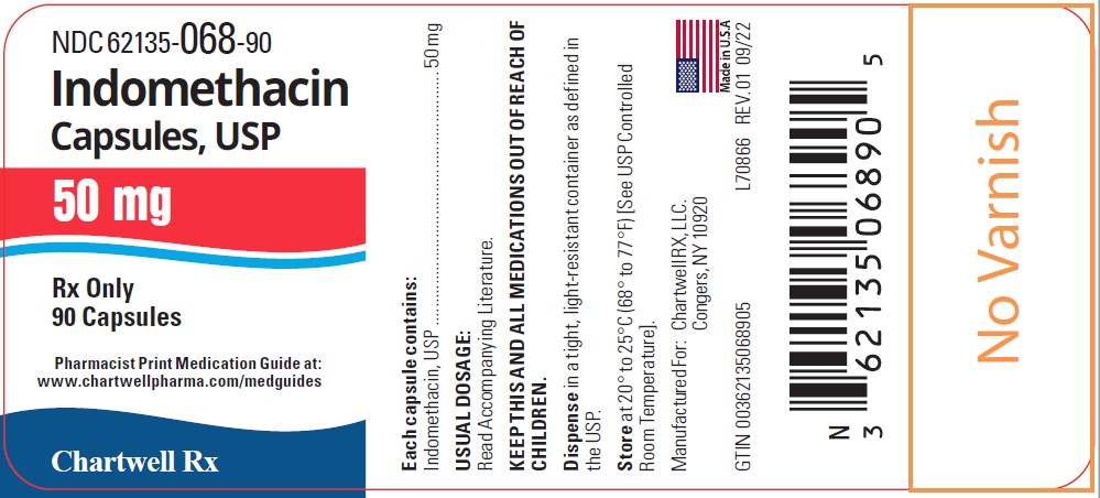 Indomethacin Capsules, USP 50 mg  - NDC: <a href=/NDC/62135-068-90>62135-068-90</a> - 90 Capsules Label