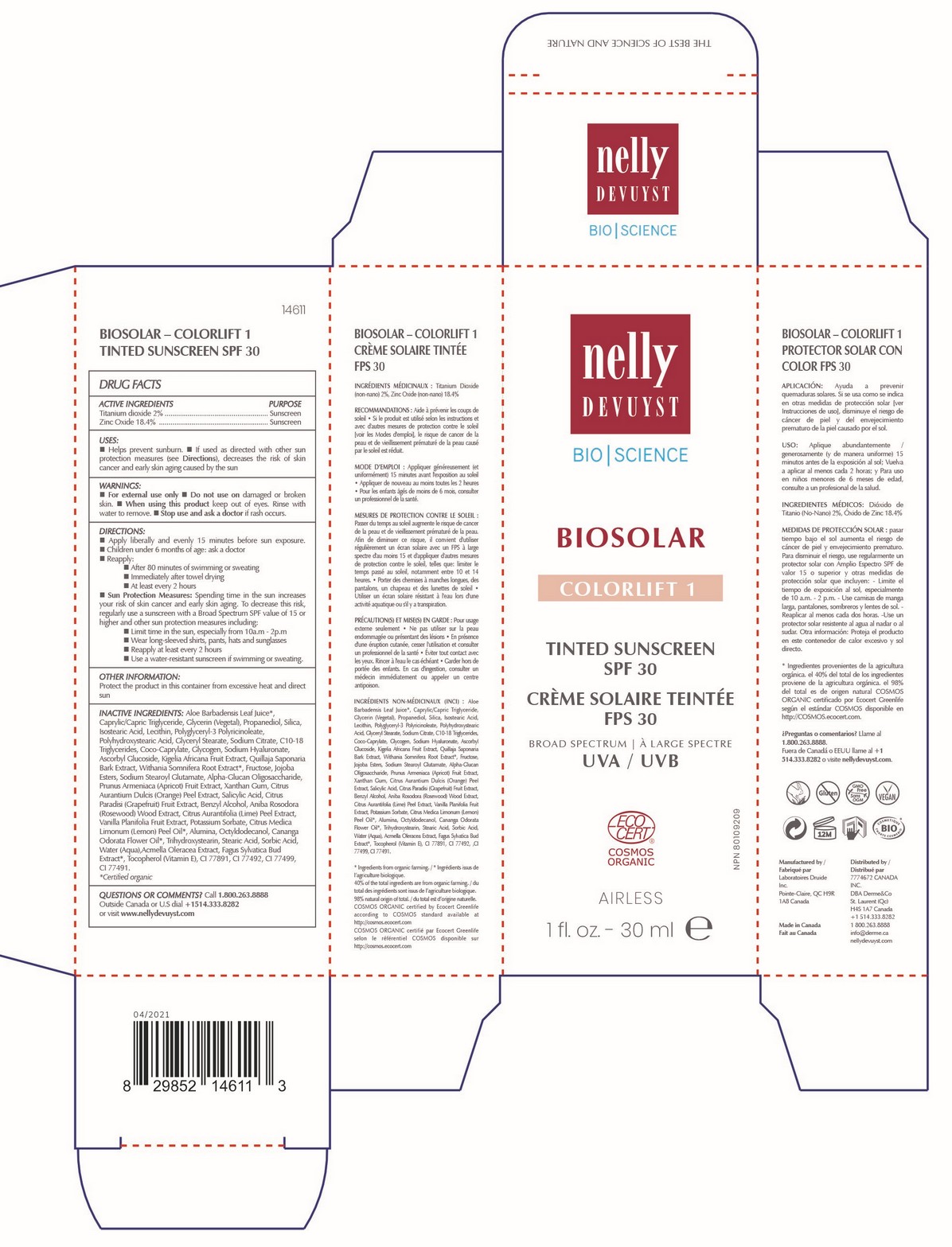 Nelly Devuyst Biosolar Colorlift 1 Tinted Sunscreen 30 mL 