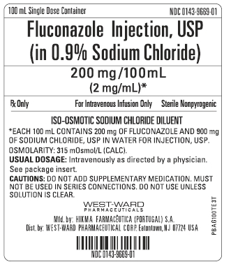 100 mL Single Dose Container NDC: <a href=/NDC/0143-9669-01>0143-9669-01</a> Fluconazole Injection, USP (in 0.9% Sodium Chloride) 200 mg/100 mL (2 mg/mL)* Rx Only For Intravenous Infusion Only Sterile Nonpyrogenic ISO-OSMOTIC SODIUM CHLORIDE DILUENT *EACH 100 mL CONTAINS 200 mg OF FLUCONAZOLE AND 900 mg OF SODIUM CHLORIDE, USP IN WATER FOR INJECTION, USP. OSMOLARITY: 315 mOsmol/L (CALC). USUAL DOSAGE: Intravenously as directed by a physician. See package insert. CAUTIONS: DO NOT ADD SUPPLEMENTARY MEDICATION. MUST NOT BE USED IN SERIES CONNECTIONS. DO NOT USE UNLESS SOLUTION IS CLEAR.