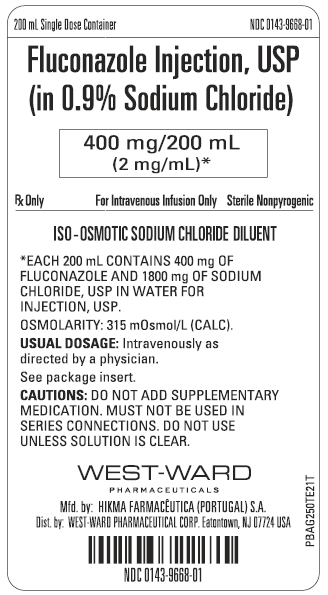 200 mL Single Dose Container NDC: <a href=/NDC/0143-9668-01>0143-9668-01</a> Fluconazole Injection, USP (in 0.9% Sodium Chloride) 400 mg/200 mL (2 mg/mL)* Rx Only For Intravenouls Infusion Only Sterile Nonpyrogenic ISO-OSMOTIC SODIUM CHLORIDE DILUENT *EACH 200 mL CONTAINS 400 mg OF FLUCONAZOLE AND 1800 mg OF SODIUM CHLORIDE, USP IN WATER FOR INJECTION, USP. OSMOLARITY: 315 mOsmol/L (CALC). USUAL DOSAGE: Intravenously as directed by a physician. See package insert. CAUTIONS: DO NOT ADD SUPPLEMENTARY MEDICATION. MUST NOT BE USED IN SERIES CONNECTIONS. DO NOT USE UNLESS SOLUTION IS CLEAR.