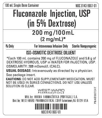 100 mL Single Dose Container NDC: <a href=/NDC/0143-9667-01>0143-9667-01</a> Fluconazole Injection, USP (in 5% Dextrose) 200 mg/100 mL (2 mg/mL)* Rx Only For Intravenous Infusion Only Sterile Nonpyrogenic ISO-OSMOTIC DEXTROSE DILUENT *Each 100 mL contains 200 mg of FLUCONAZOLE and 5.6 g of DEXTROSE HYDROUS, USP in WATER FOR INJECTION, USP. OSMOLARITY: 289 mOsmol/L (CALC). USUAL DOSAGE: Intravenously as directed by a physician. See package insert. CAUTIONS: DO NOT ADD SUPPLEMENTARY MEDICATION. MUST NOT BE USED IN SERIES CONNECTIONS. DO NOT USE UNLESS SOLUTION IS CLEAR.