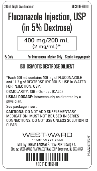 200 mL Single Dose Container NDC: <a href=/NDC/0143-9666-01>0143-9666-01</a> Fluconazole Injection, USP (in 5% Dextrose) 400 mg/200 mL (2 mg/mL)* Rx Only For Intravenous Infusion Only Sterile Nonpyrogenic ISO-OSMOTIC DEXTROSE DILUENT *Each 200 mL contains 400 mg of FLUCONAZOLE and 11.2 g of DEXTROSE HYDROUS, USP in WATER FOR INJECTION, USP. OSMOLARITY: 289 mOsmol/L (CALC). USUAL DOSAGE: Intravenously as directed by a physician. See package insert. CAUTIONS: DO NOT ADD SUPPLEMENTARY MEDICATION. MUST NOT BE USED IN SERIES CONNECTIONS. DO NOT USE UNLESS SOLUTION IS CLEAR.