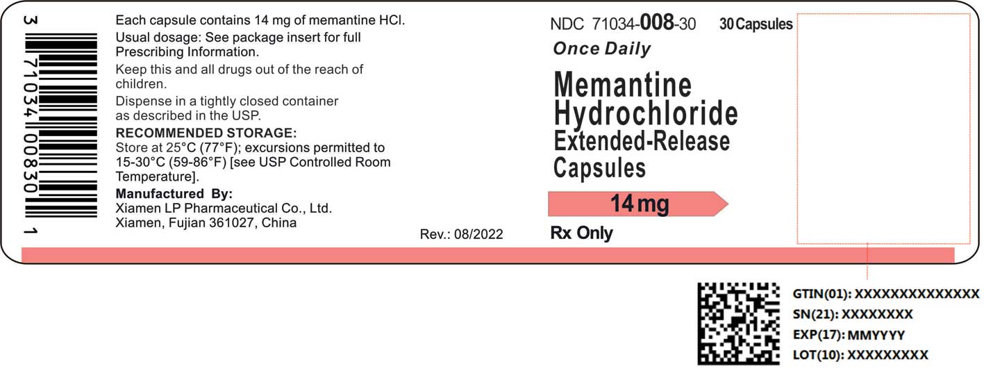 NDC: <a href=/NDC/71034-008-30>71034-008-30</a> 30 capsules Rx Only Once-Daily Memantine HCl Extended-Release Capsules 14 mg