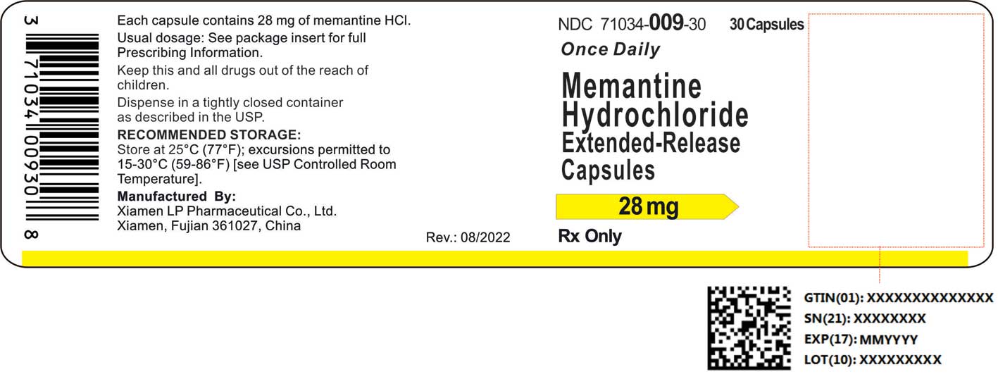 NDC: <a href=/NDC/71034-009-30>71034-009-30</a> 30 capsules Rx Only Once-Daily Memantine HCl Extended-Release Capsules 28 mg