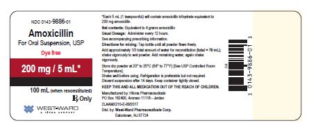 NDC: <a href=/NDC/0143-9886-01>0143-9886-01</a> AMOXICILLIN FOR ORAL SUSPENSION, USP Dye Free 200 mg/ 5 mL * 100 mL (when reconstituted) Rx Only