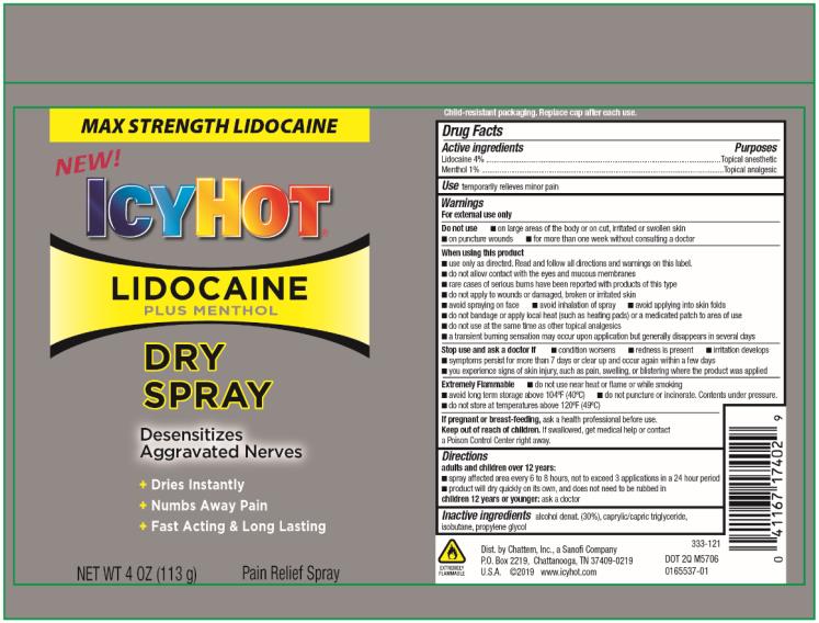 PRINCIPAL DISPLAY PANEL
MAX STRENGTH LIDOCAINE
NEW
ICY HOT
LIDOCAINE
PLUS MENTHOL
DRY 
SPRAY
NET WT 4 OZ (113 g)  Pain Relief Spray
