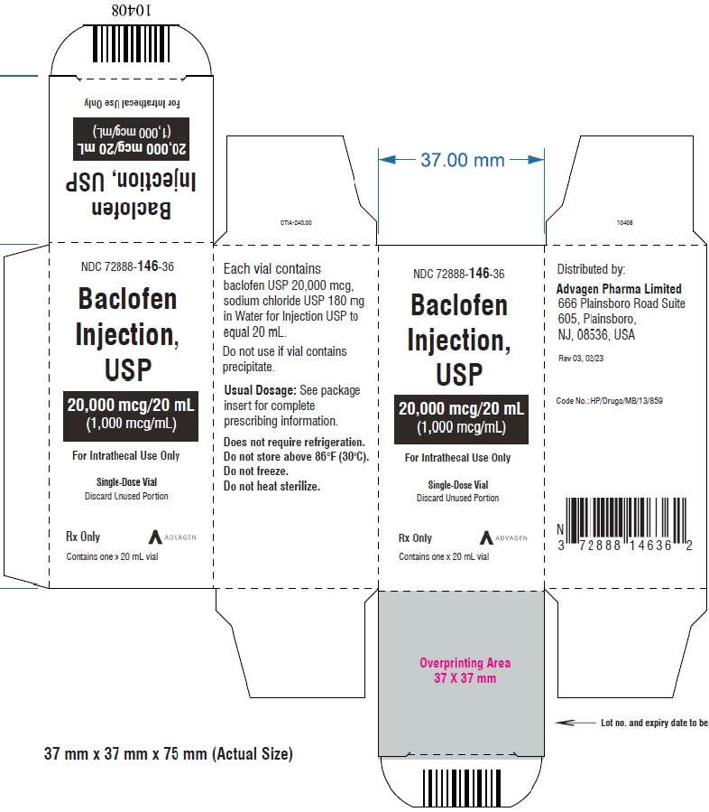 Baclofen Injection 1,000 mcg per mL - NDC: <a href=/NDC/72888-146-36>72888-146-36</a> - Single-Dose Vial Carton Label 