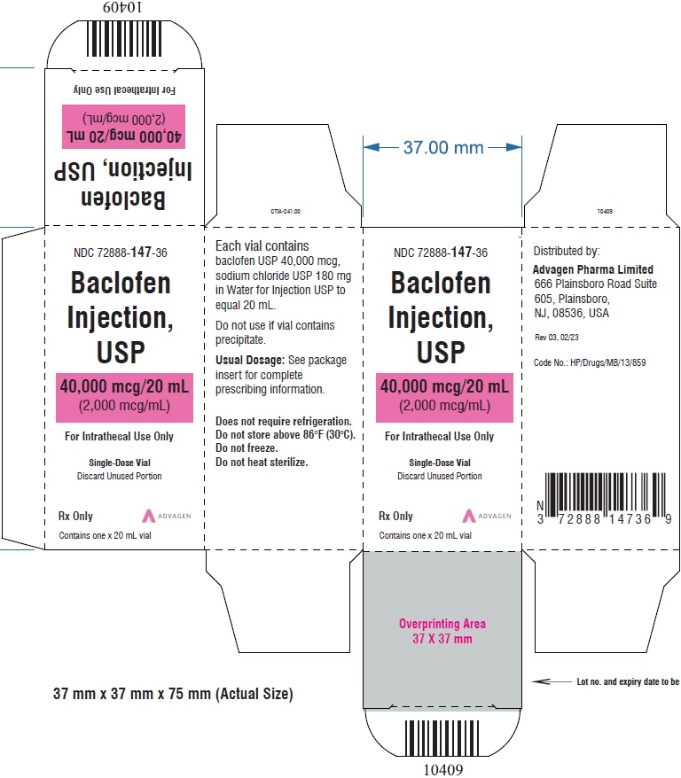 Baclofen Injection 2,000 mcg per mL - NDC: <a href=/NDC/72888-147-36>72888-147-36</a> - Single-Dose Vial Carton Label