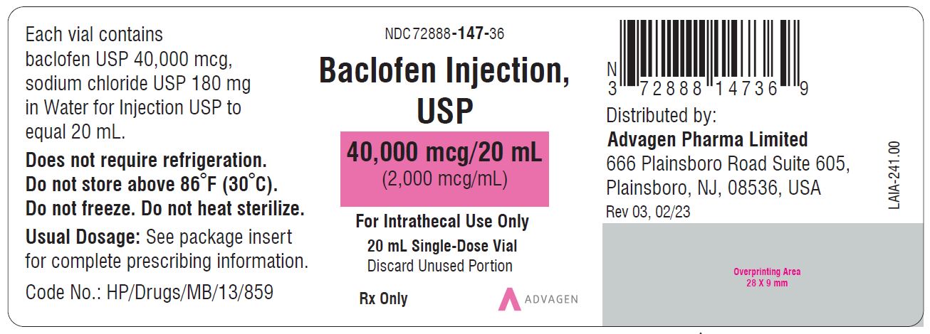 Baclofen Injection 2,000 mcg per mL - NDC: <a href=/NDC/72888-147-36>72888-147-36</a> - Single-Dose Vial  Label