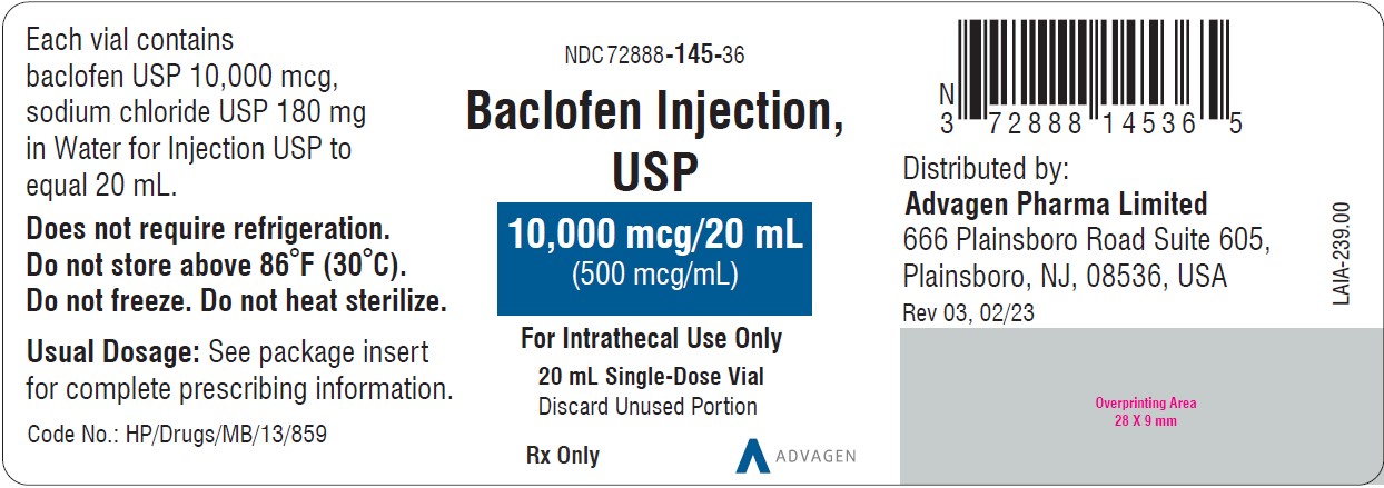 Baclofen Injection 500 mcg per mL - NDC: <a href=/NDC/72888-145-36>72888-145-36</a> - Single-Dose Vial  Label