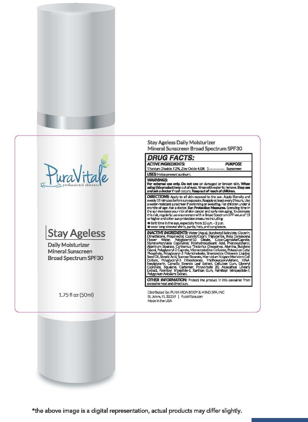 Pura Vitale Natural Skin Care Stay Ageless ​Daily Moisturizer Mineral Sunscreen Broad Spectrum SPF30 1.75 fl oz (50ml)
