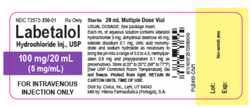 NDC: <a href=/NDC/72572-350-01>72572-350-01</a> Rx only Labetalol HCL Injection, USP 100 mg/20mL (5 mg/mL) FOR INTRAVENOUS INJECTION ONLY