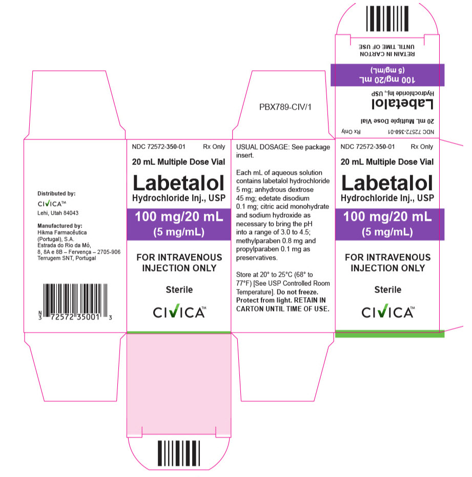 NDC: <a href=/NDC/72572-350-01>72572-350-01</a> Rx only Labetalol HCL Injection, USP 100 mg/20mL (5 mg/mL) FOR INTRAVENOUS INJECTION ONLY Sterile