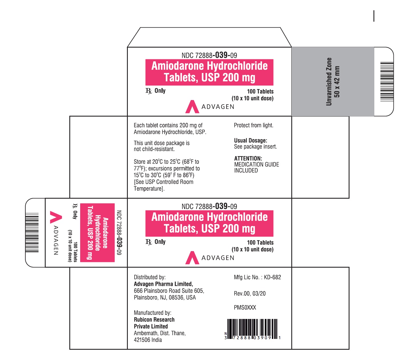 Amiodarone HCL Tablets,USP 200 mg - NDC: <a href=/NDC/72888-039-09>72888-039-09</a> - Carton of 100 (10 x 10) Unit dose blisters