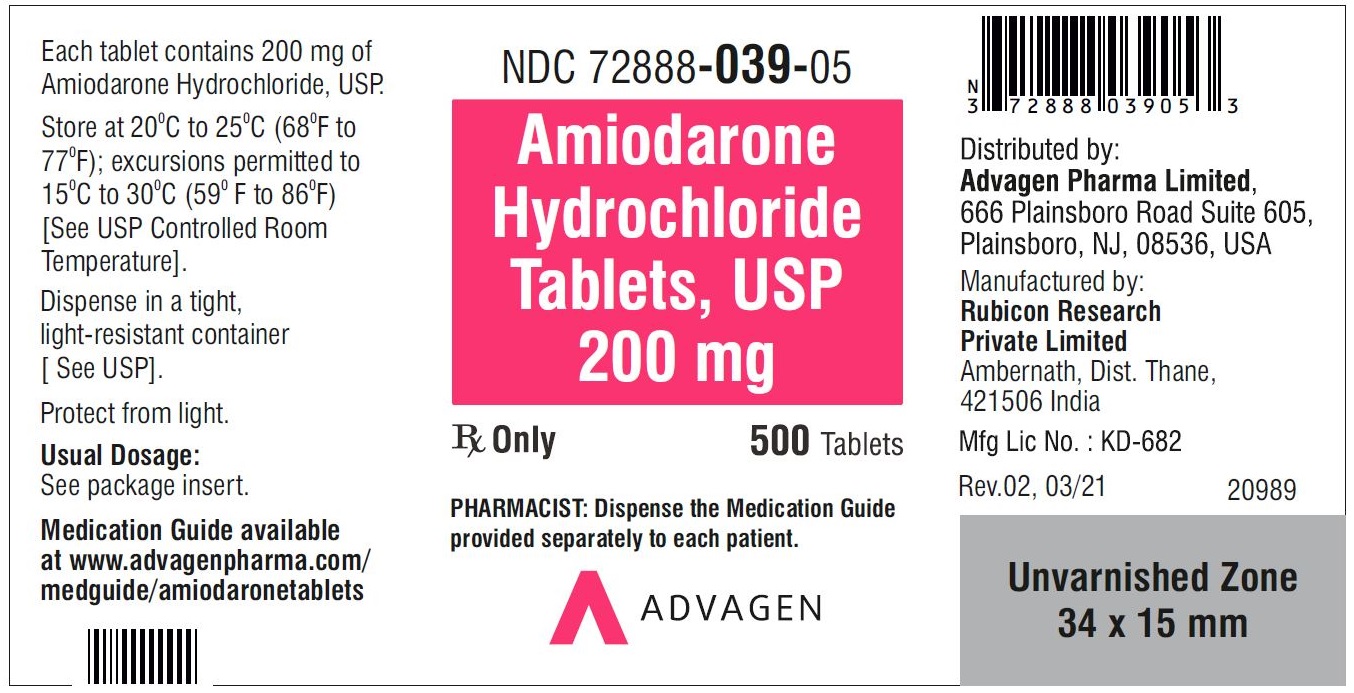 Amiodarone HCL Tablets,USP 200 mg - NDC: <a href=/NDC/72888-039-05>72888-039-05</a> - 500 Tablets Bottle Label