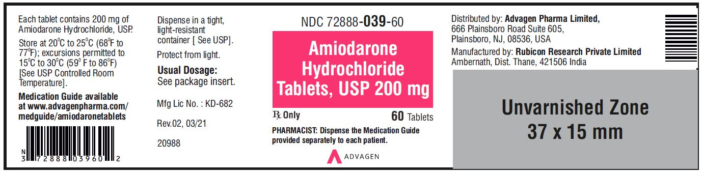 Amiodarone HCL Tablets,USP 200 mg - NDC: <a href=/NDC/72888-039-60>72888-039-60</a> - 60 Tablets Bottle Label