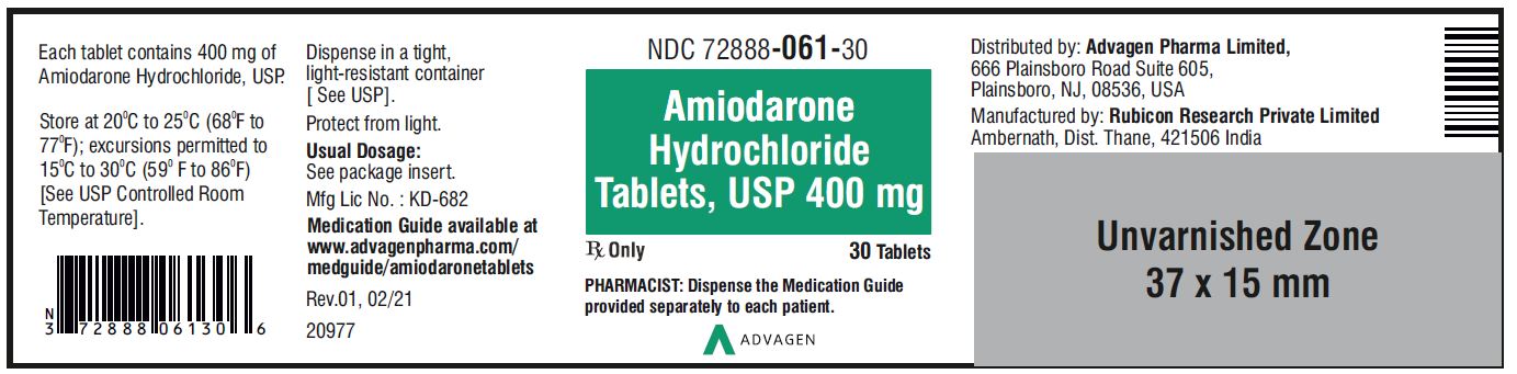Amiodarone HCL Tablets,USP 400 mg - NDC: <a href=/NDC/72888-061-30>72888-061-30</a> - 30 Tablets Bottle Label