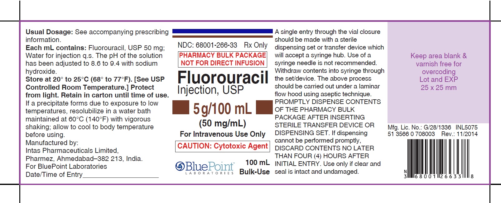 Fluorouracil 50mgml 100ml - Vial - Rev11/14