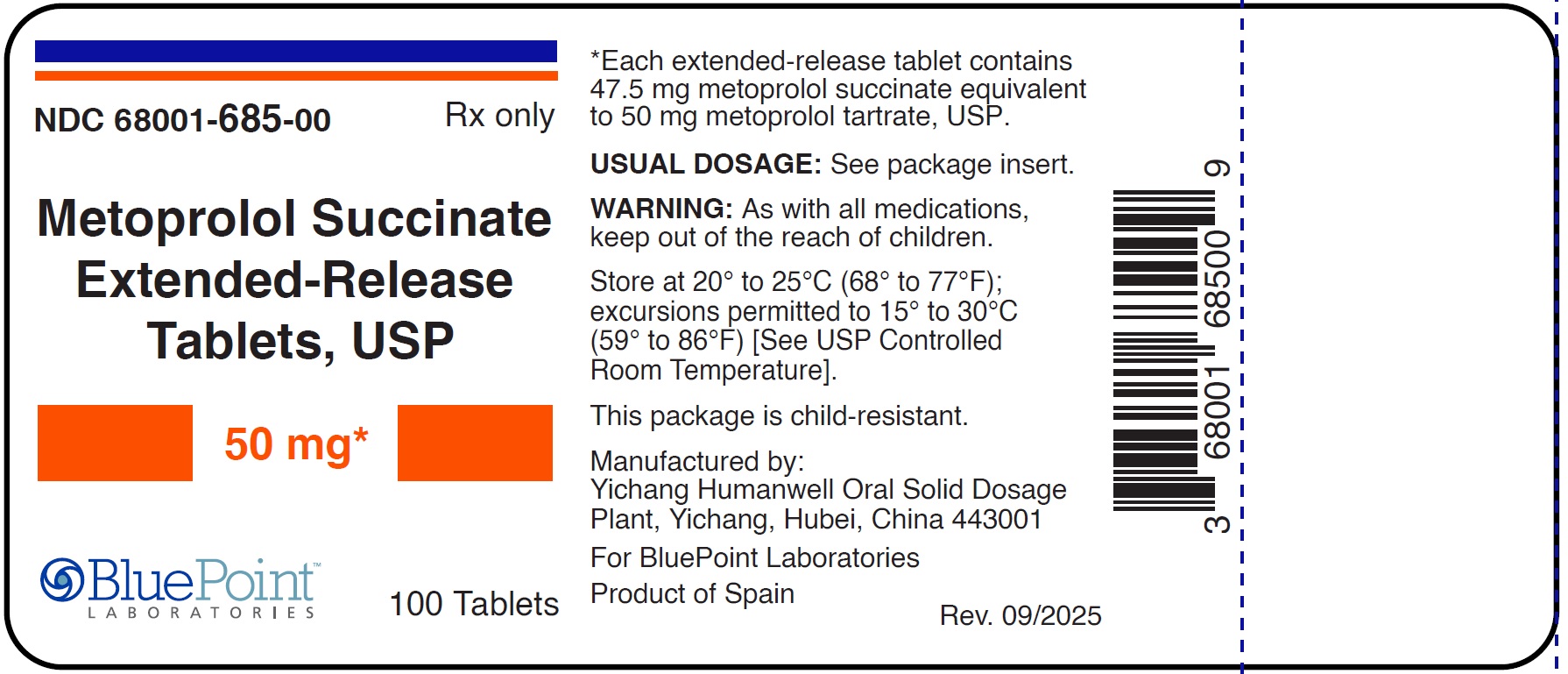 Metoprolol Succinate ER Tabs 50mg 100s