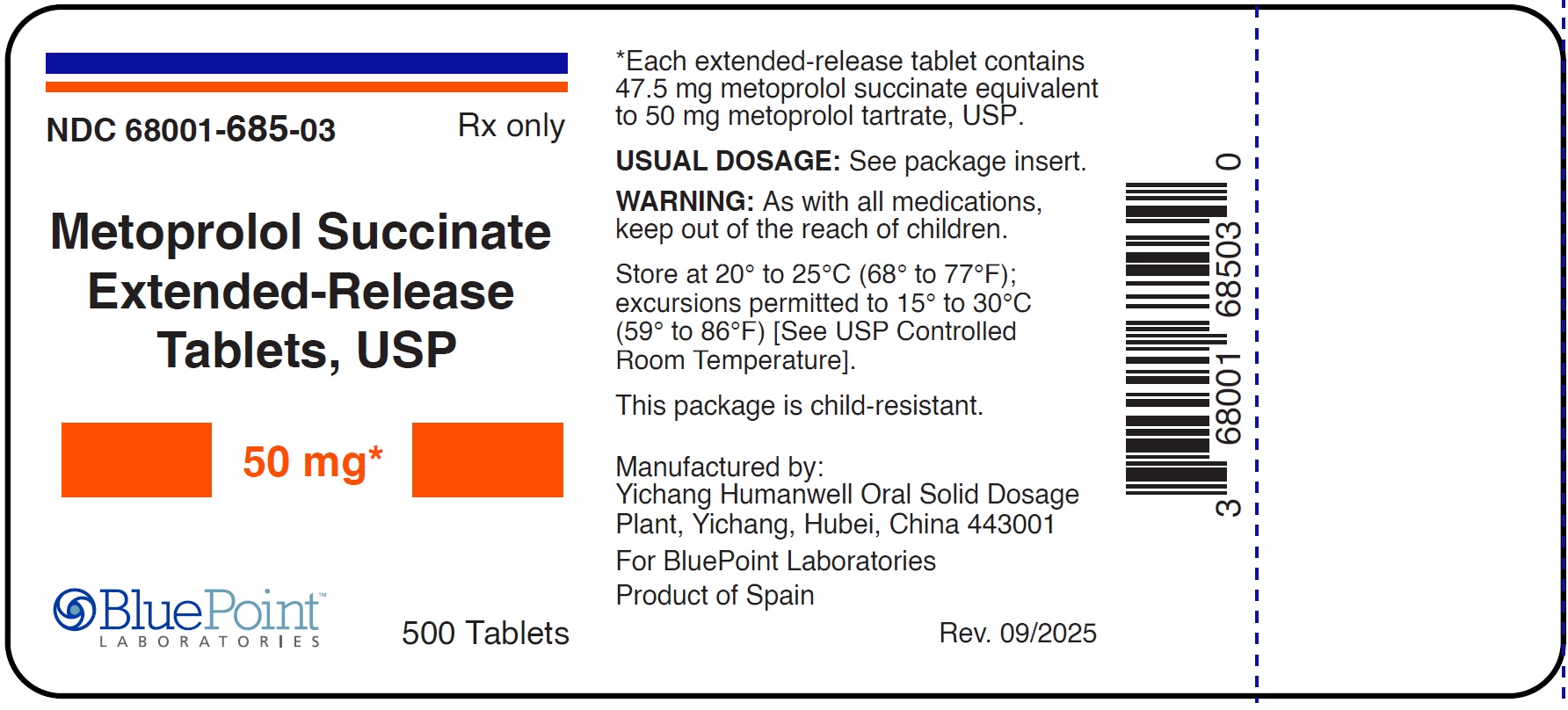 Metoprolol Succinate ER Tabs Labels 50mg 500s