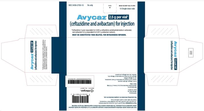 Principal Display Panel - Carton 
NDC: <a href=/NDC/0456-2700-01>0456-2700-01</a>    Rx only
Avycaz® 2.5 g per vial* 
(ceftazidime and avibactam) for injection 
*Ceftazidime 2 gram (equivalent to 2.635 g ceftazidime pentahydrate/sodium carbonate) 
and avibactam 0.5 g (equivalent to 0.551 g avibactam sodium). 
MUST BE CONSTITUED THEN DILUTED. FOR INTRAVENUS INFUSION.
