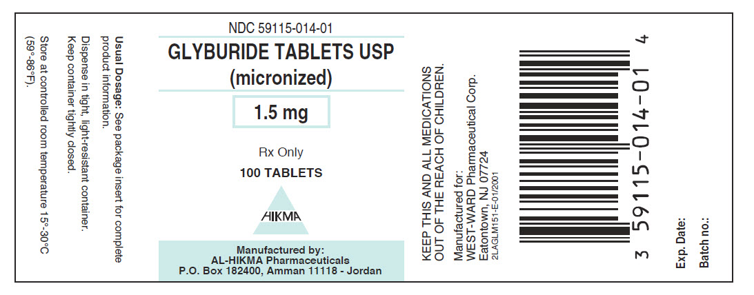 NDC: <a href=/NDC/59115-014-01>59115-014-01</a> Glyburide Tablets, USP (micronized) 1.5 mg 100 Tablets