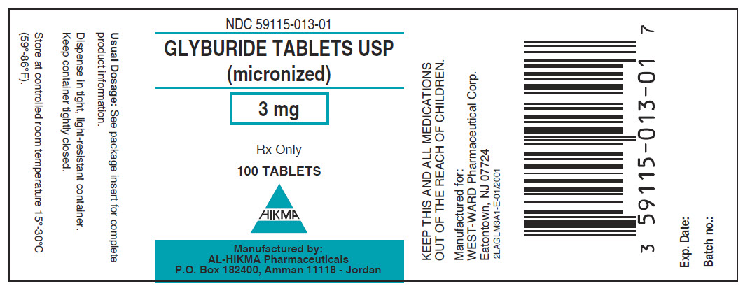 NDC: <a href=/NDC/59115-013-01>59115-013-01</a> Glyburide Tablets, USP (micronized) 3 mg 100 Tablets